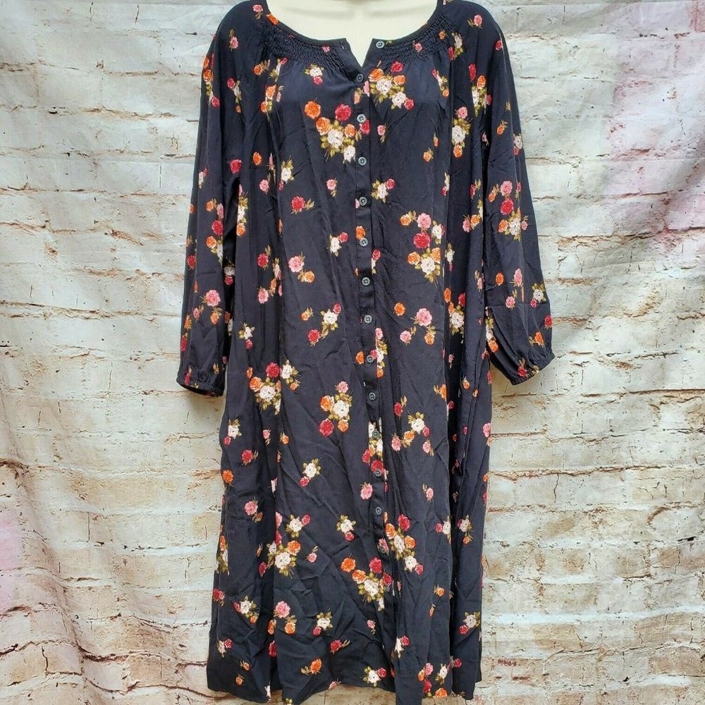 J. Jill Black Floral Dress Long Sleeves Button Front Cottage Core Size Large L